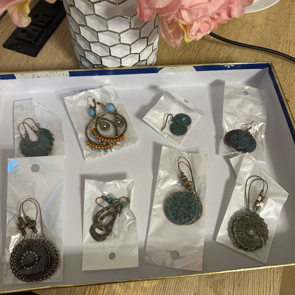 Bohemian Style Earrings Set in Turquoise and Bronze NEW set of 8 pairs